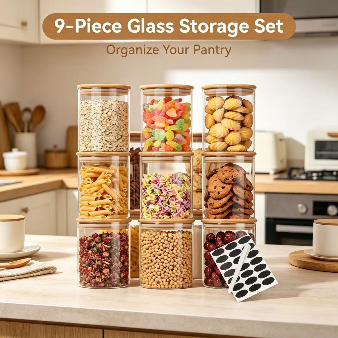 Food Storage Jar Labels - 9 Pieces Clear Glass Storage Canisters