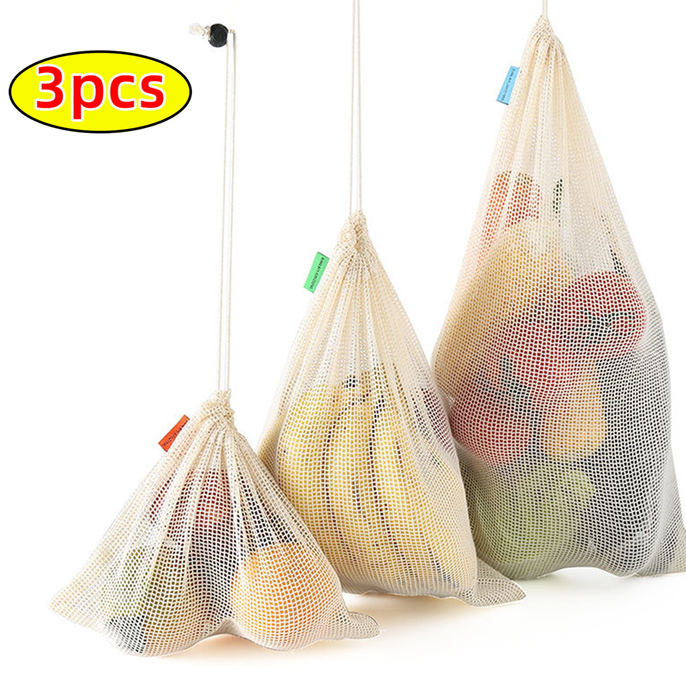 Produce Bag Reusable Mesh - 3Pcs Reusable Cotton Mesh Produce Bags