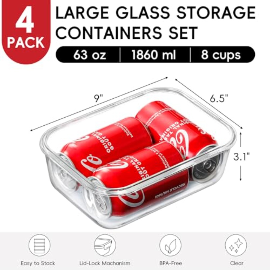 4 Pack 8 Cups/ 63oz Large Glas - Food Storage Plastic Containers With Lids บทวิจารณ์และราคา